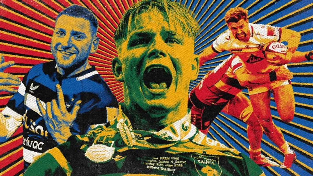 A colourful graphic showing an image of Finn Russell (left) holding his hands up, Henry Pollock (centre) with his mouth open and a winners' medal around his neck and Henry Slade (right) running while being tackled