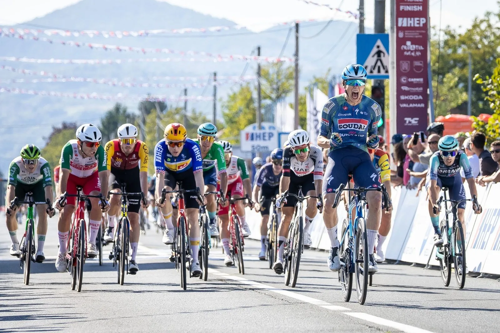 Frenchman Paul Magnier (Soudal-QuickStep) roars in celebration after winning stage 5 of the CRO Race