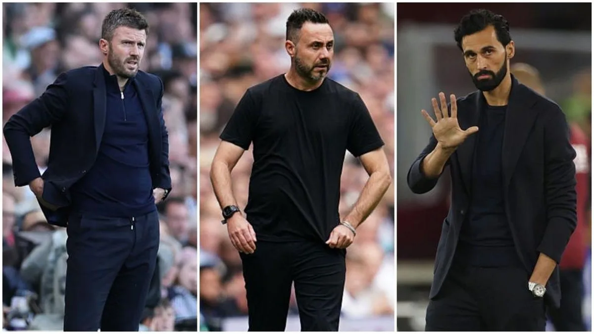 A three-way split picture of Manchester United boss Michael Carrick, Tottenham manager Roberto de Zerbi and Fulham head coach Alvaro Arbeloa