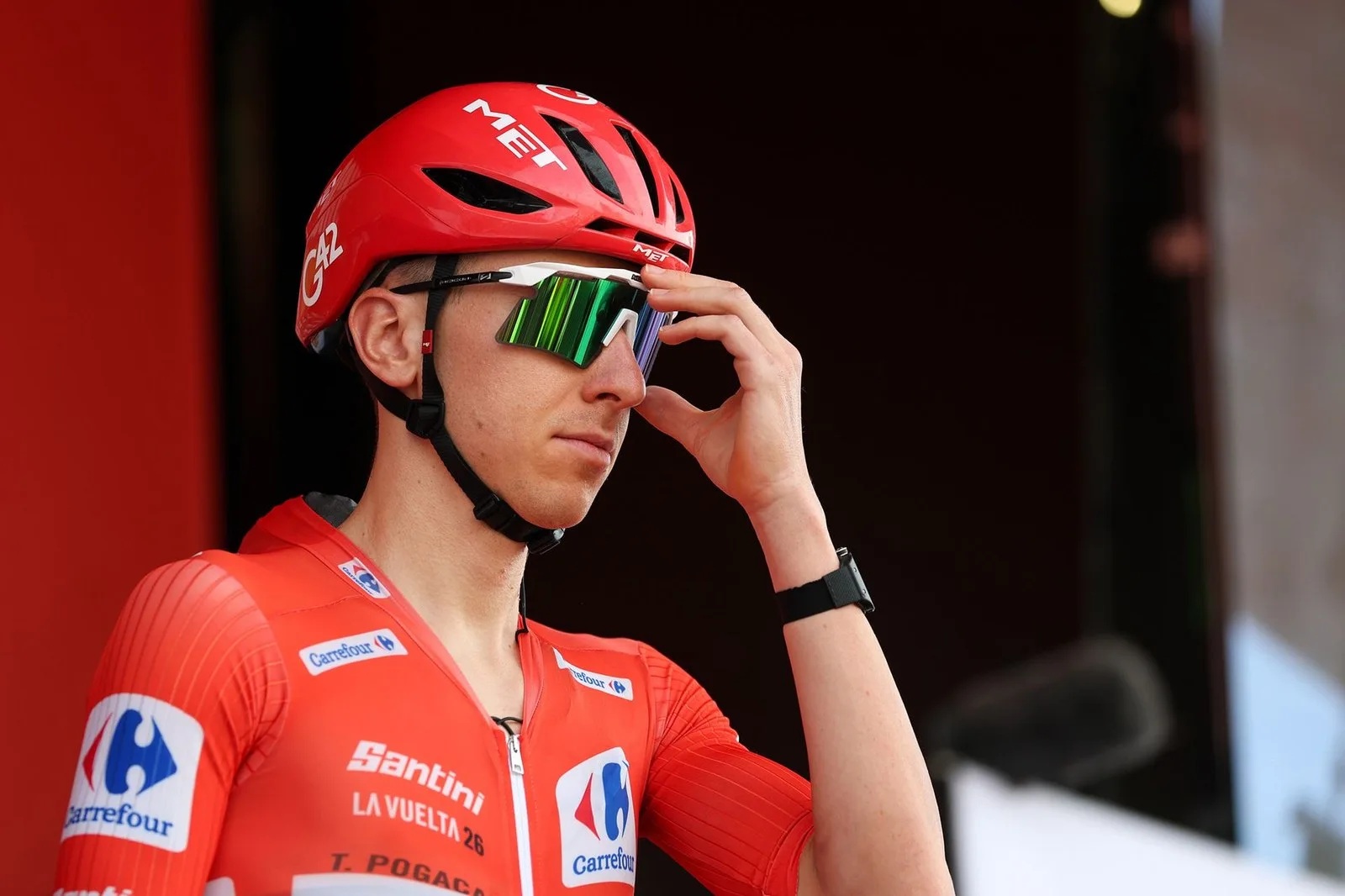 VALL D'ALBA, SPAIN - AUGUST 28: Tadej Pogacar of Slovenia and UAE Team Emirates XRG - Red Leader Jersey prior to the La Vuelta - 81st Tour of Spain 2026, Stage 7 a 149.48m stage from Vall d'Alba to Aramon Valdelinares 1965m / #UCIWT / on August 28, 2026 in Vall d'Alba, Spain. (Photo by Alexander Hassenstein/Getty Images)