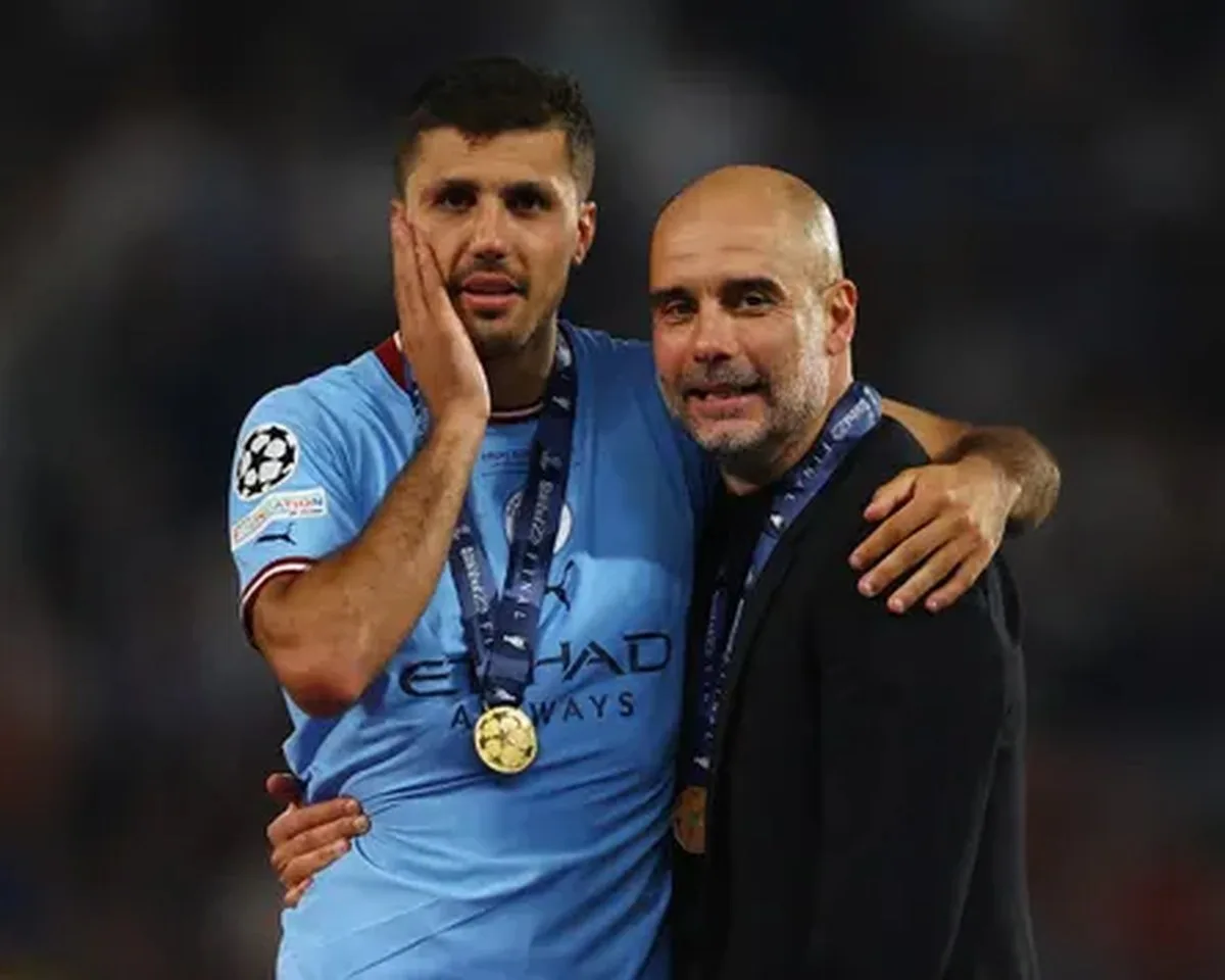 Rodri with then-manager Pep Guardiola after his goal won Manchester City the Champions League in 2023.