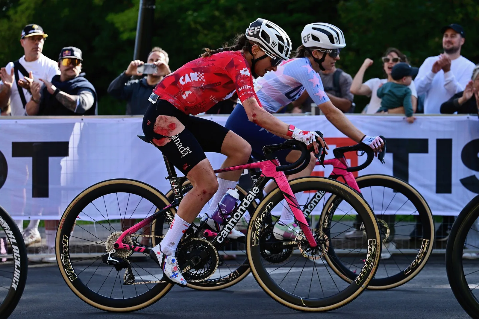 Magdeleine Vallieres of Canada and Team Canada injured after crash during the 99th UCI Road World Championships Montreal 2026 - Women Elite Road Race a 180.1km one day race from Brossard to Montreal on September 26, 2026 in Montreal, Quebec. (Photo by Tim de Waele/Getty Images)
