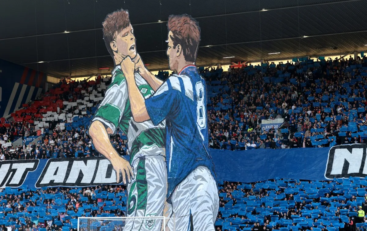 A tifo is displayed inside the stadium before the Premier Sports Cup Quarter Final match between Rangers and Celtic at Ibrox Stadium on September 13, 2026 in Glasgow, Scotland.