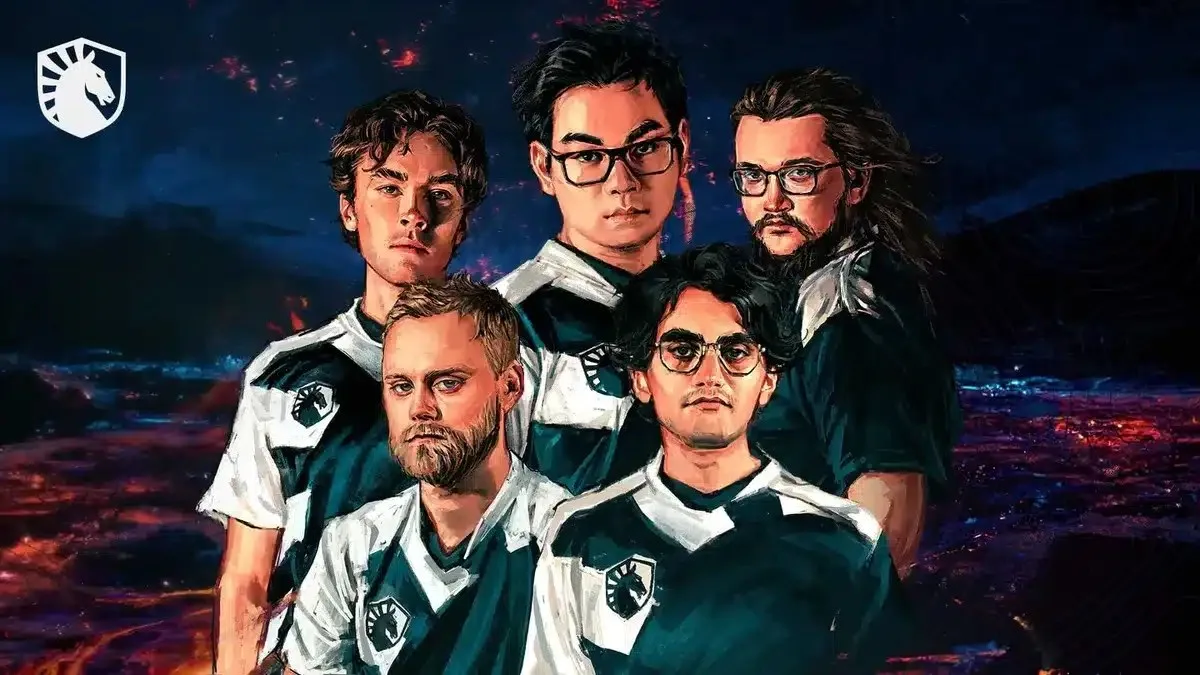 Stylized illustration of five Team Liquid Dota 2 players in team jerseys against a dark, volcanic background.
