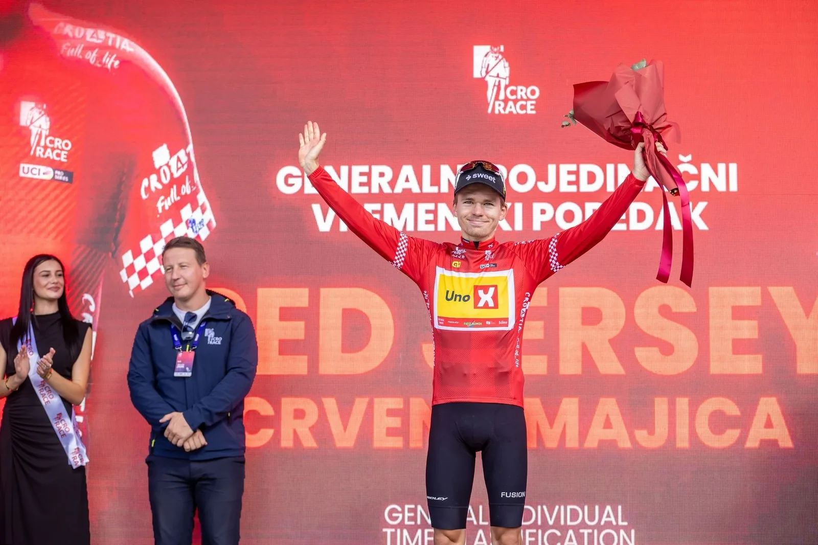 GC winner from the 2026 CRO Race Tobias Svarre on the podium after stage 5