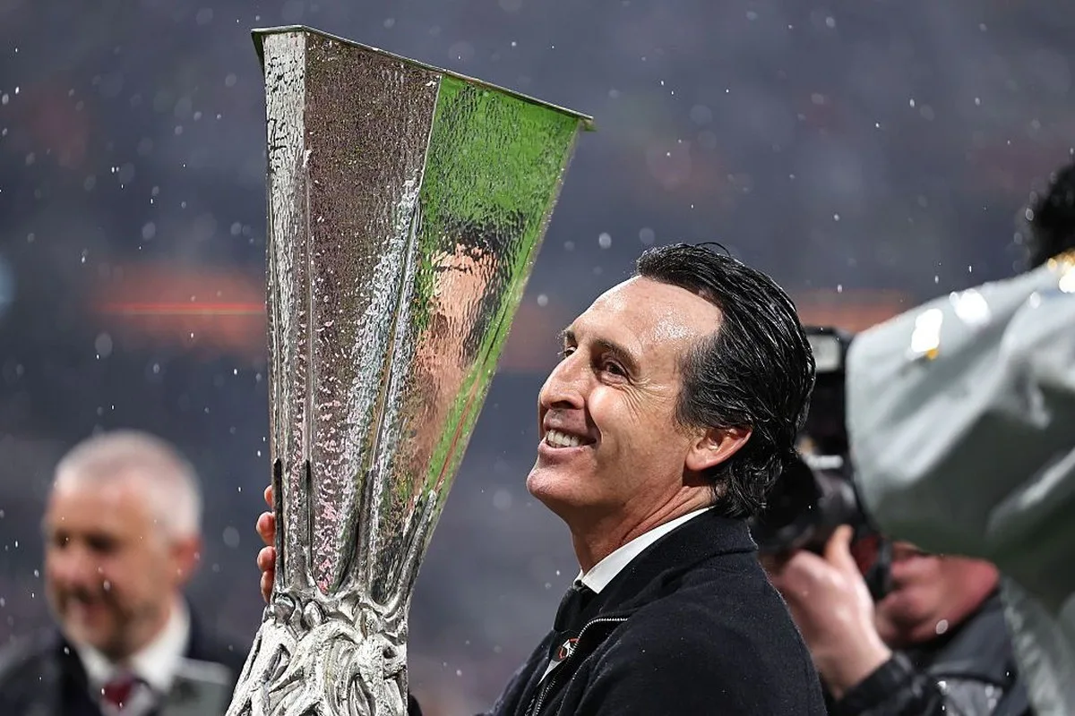 Unai Emery manger / head coach of Aston Villa with the UEFA Europa League trophy