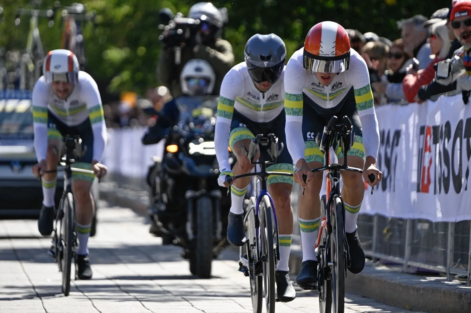 Australia's men's team competes in the mixed relay team time trial during the 2026 Union Cycliste Internationale (UCI) Road World Championships in Montreal