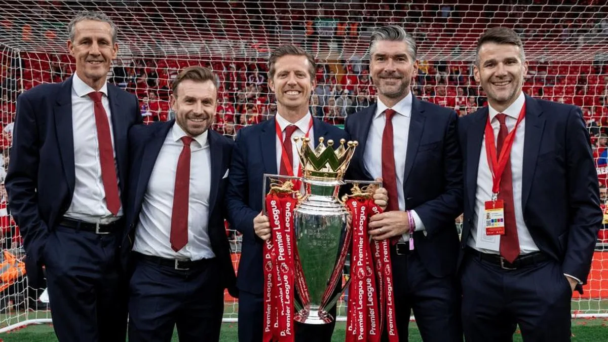 Barry Hunter, Julian Ward, Michael Edwards, Richard Hughes and David Woodfine pose for a photograph with the Premier League trophy after Liverpool won the title in 2025