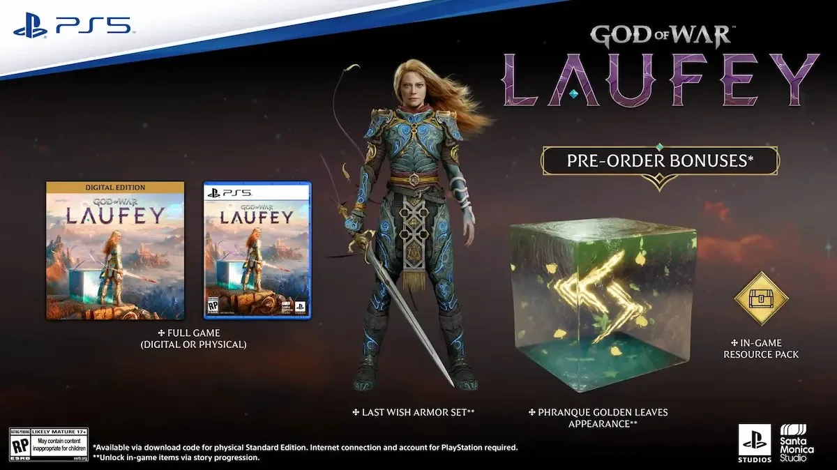 all god of war laufey pre order bonuses on display. 