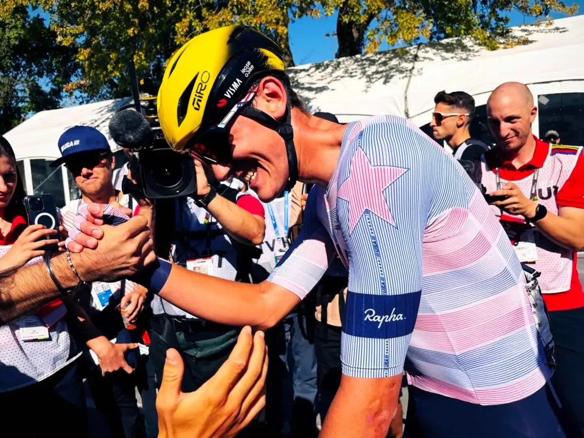 Ashlin Barry celebrates after winning the UCI U23 Road World Championship