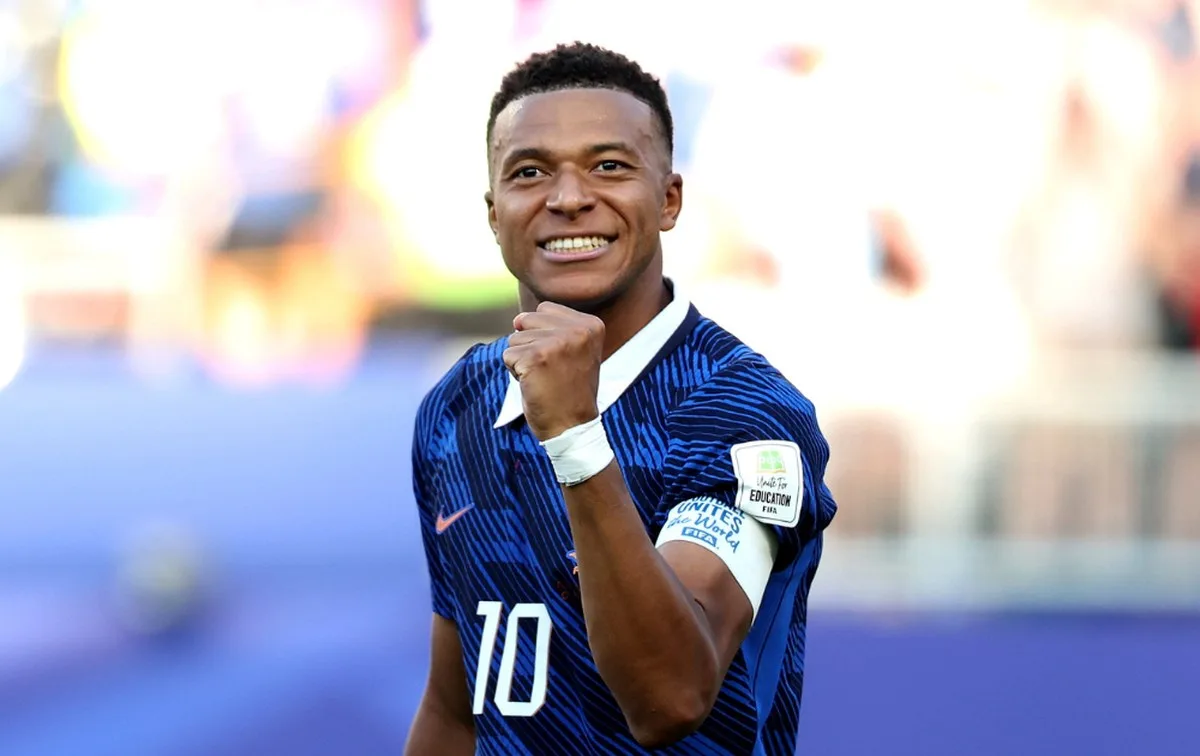 Kylian Mbappe #10 of France celebrates scoring a penalty for the team's first goal during the FIFA World Cup 2026 Round Of 16 match between Paraguay and France at Philadelphia Stadium