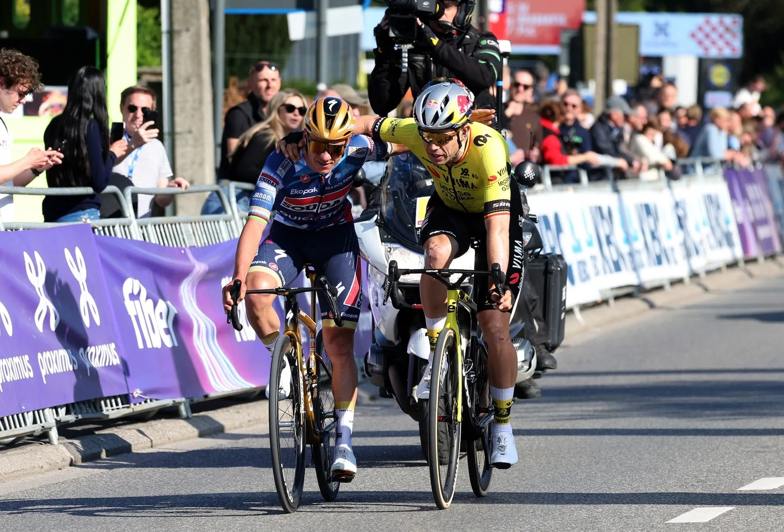 Race winner Remco Evenepoel and Wout Van Aert on second place react after the 65th De Brabantse Pijl 2026