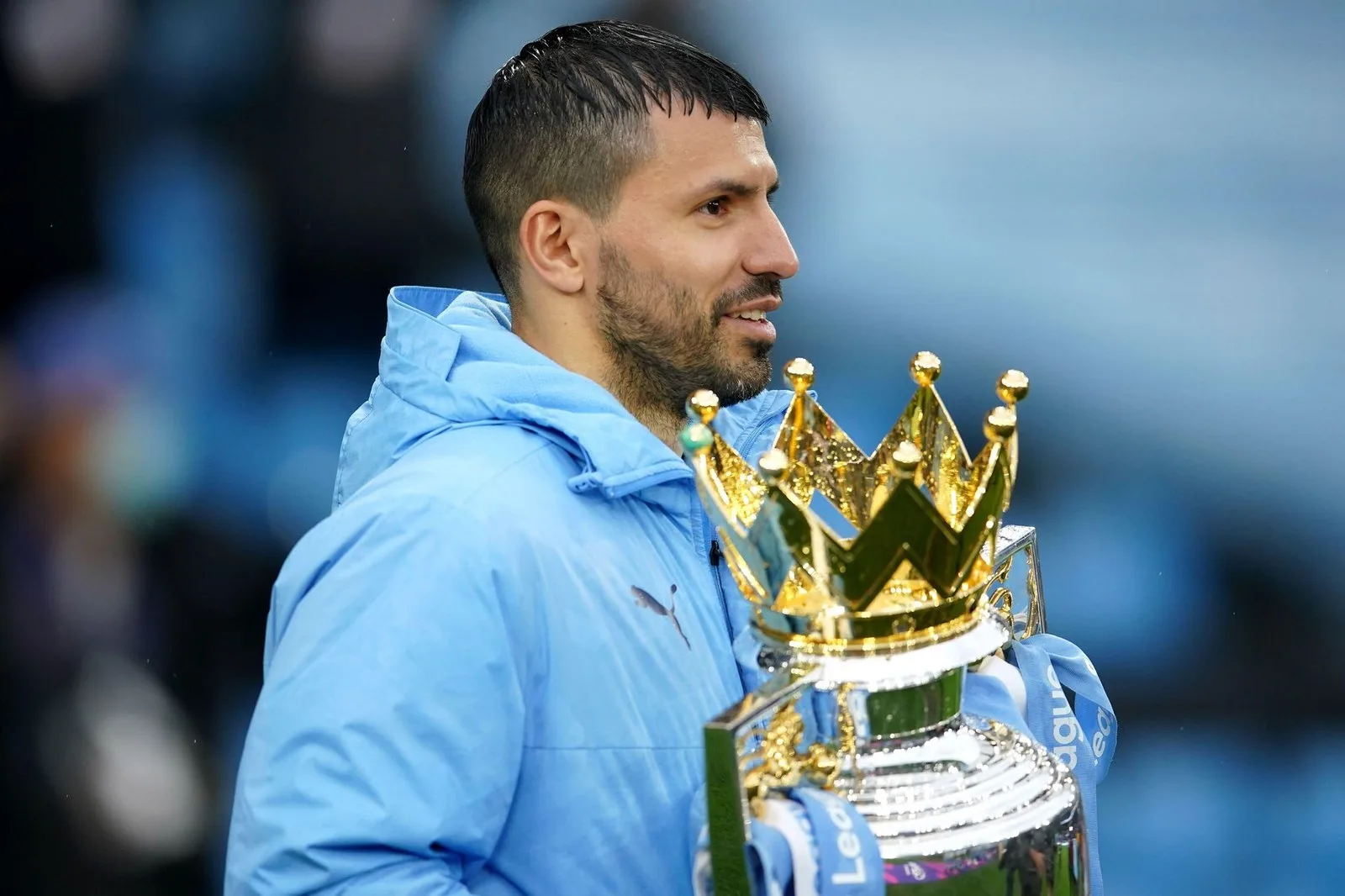 442GOALS: Sergio Aguero holds the Premier League trophy after Manchester City's 2020/21 title win