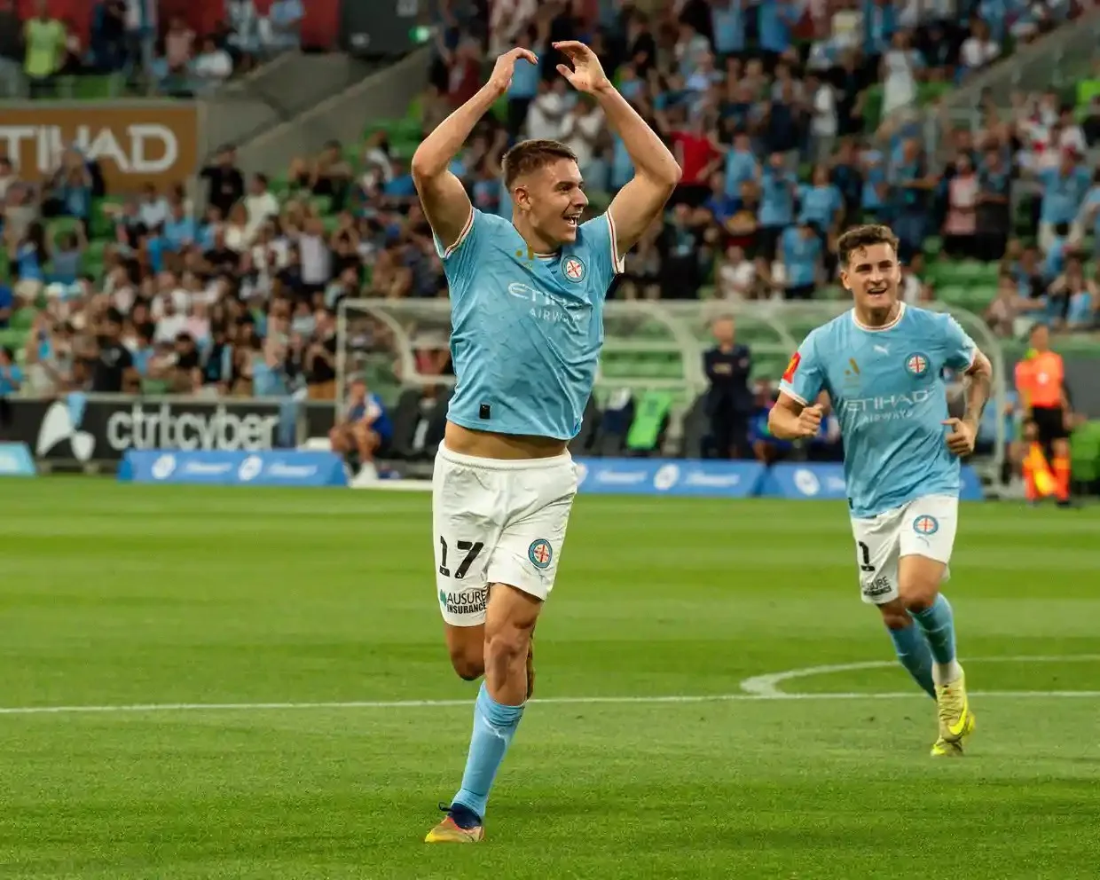 Max Caputo celebrates scoring for Melbourne City in the A-League Men