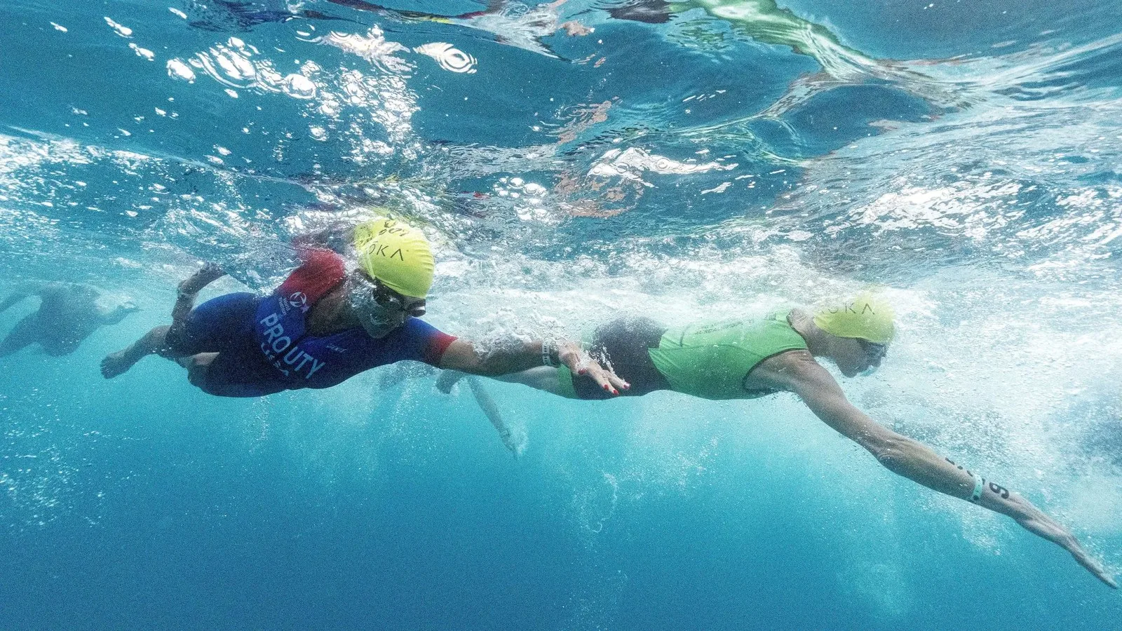 Triathletes swim on the Ironman World Championship course. Box jellyfish are predicted to move into and out of these waters in the days preceding of the 2026 race.
