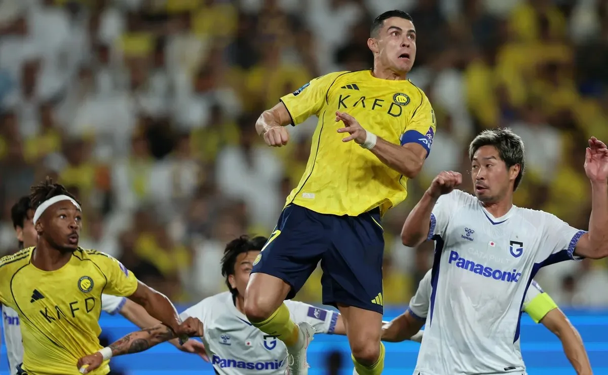 Cristiano Ronaldo of Al Nassr jumps for a header