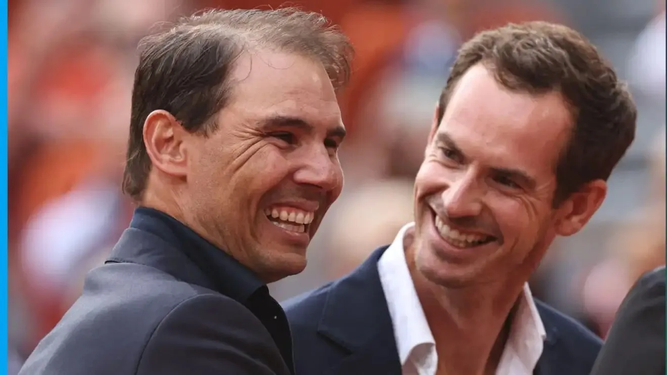 Pictured: A smiling Rafael Nadal and Andy Murray