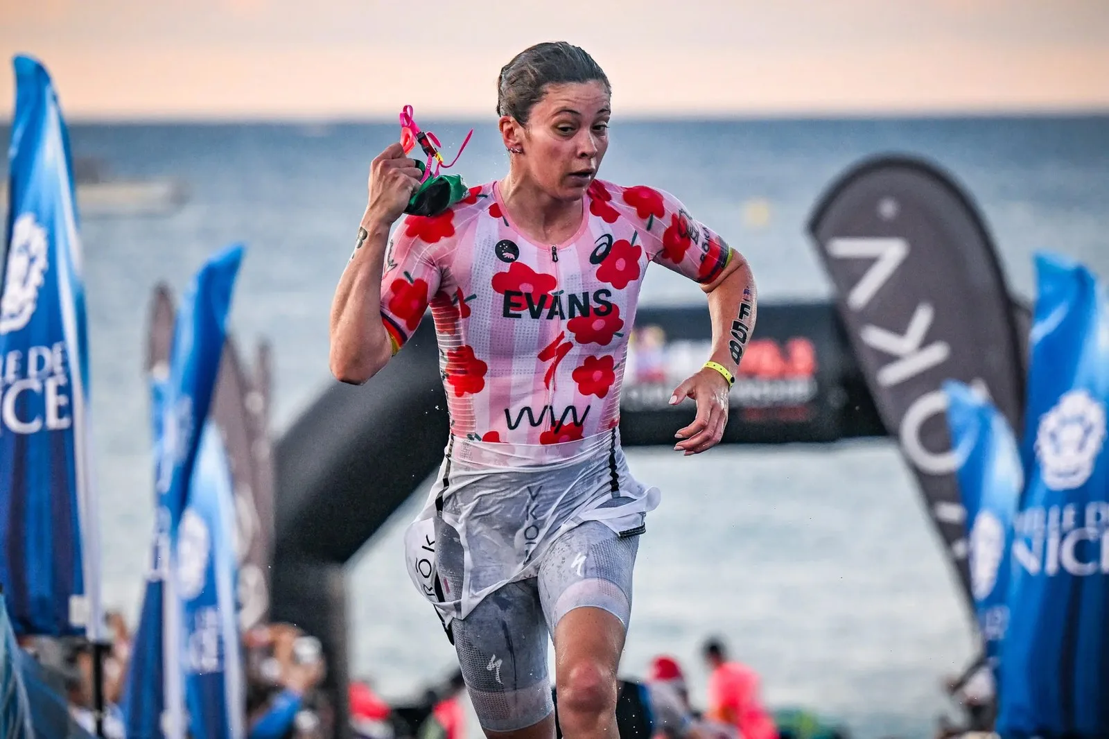 Sophie Evans (GBR) leads out of the water with a 25:49 swim split at the 2026 Ironman 70.3 World Championship in Nice, France.