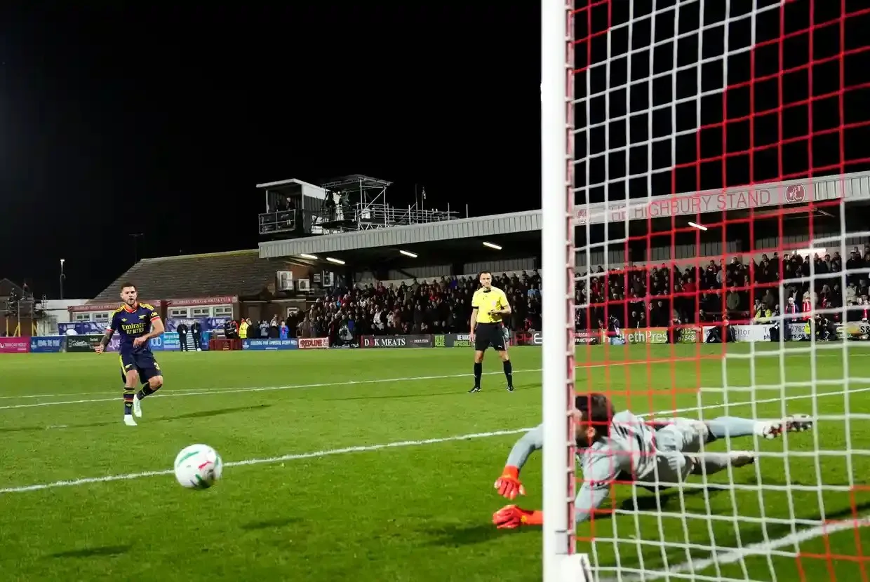 Bruno Guimarães misses a penalty for Arsenal in the shootout against Fleetwood.