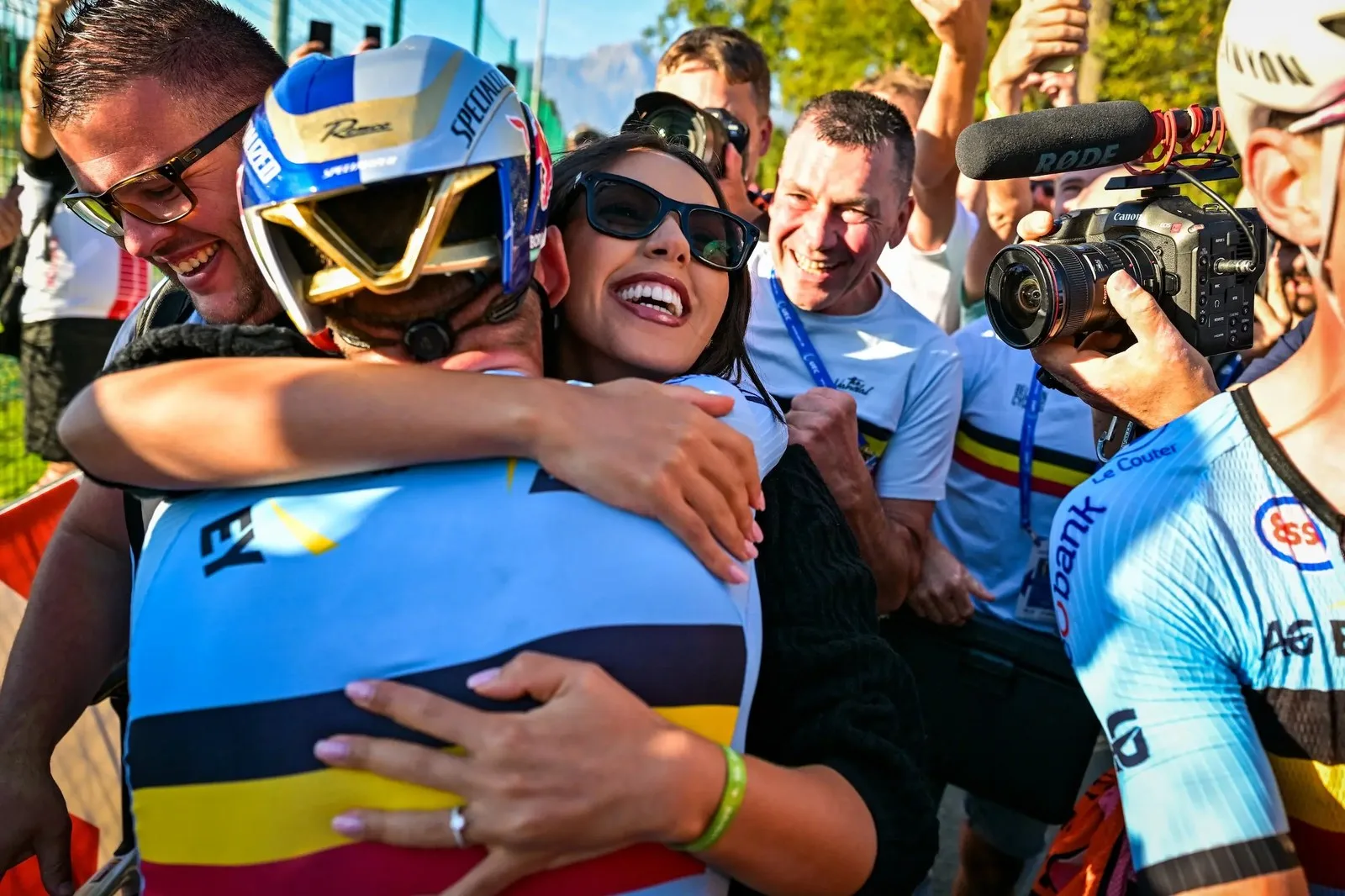 Remco Evenepoel's wife Oumi was there to celebrate his European championship road race success. Will she be similarly jubilant next July? (Photo: David Pintens/Belga Mag via AFP)