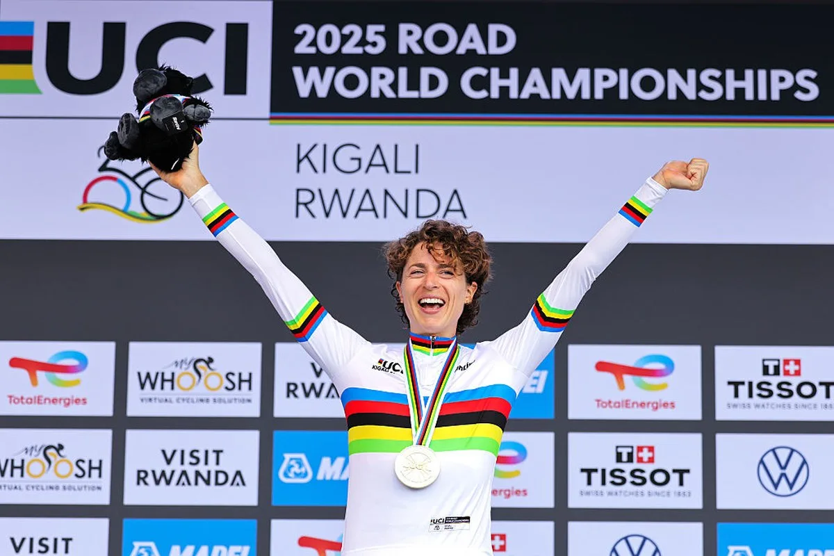 Marlen Reusser celebrates after winning the 2026 time trial World Championships in Kigali, Rwanda. (Photo by Alex Whitehead - Pool/Getty Images)