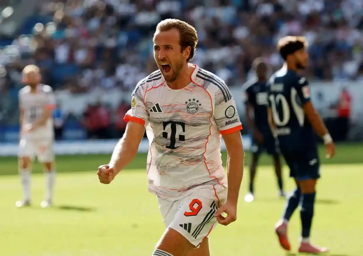 Harry Kane celebrates after scoring for Bayern Munich against Hoffenheim early in the 2025-26 Bundesliga season