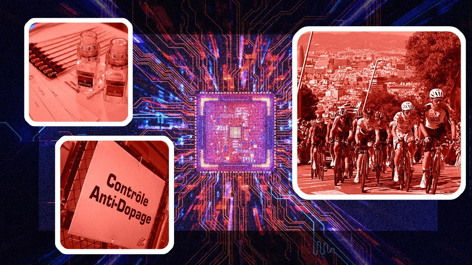 Collage of anti-doping related image on a graphic of a computer motherboard