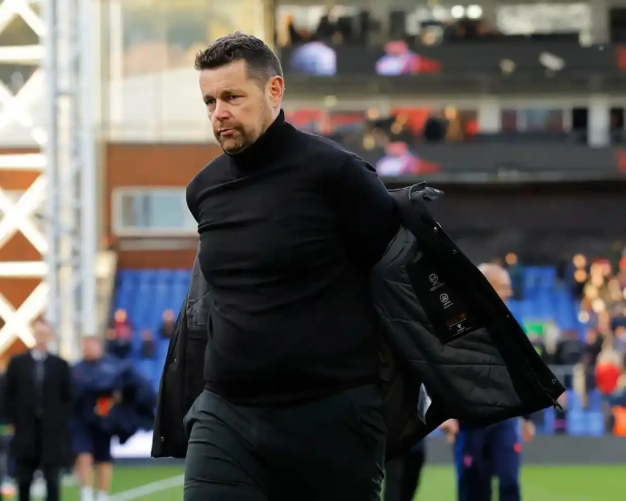 The Crystal Palace manager, Pierre Sage, walks off the pitch at Selhurst Park after his team’s 2-0 defeat to Newcastle in the Premier League.