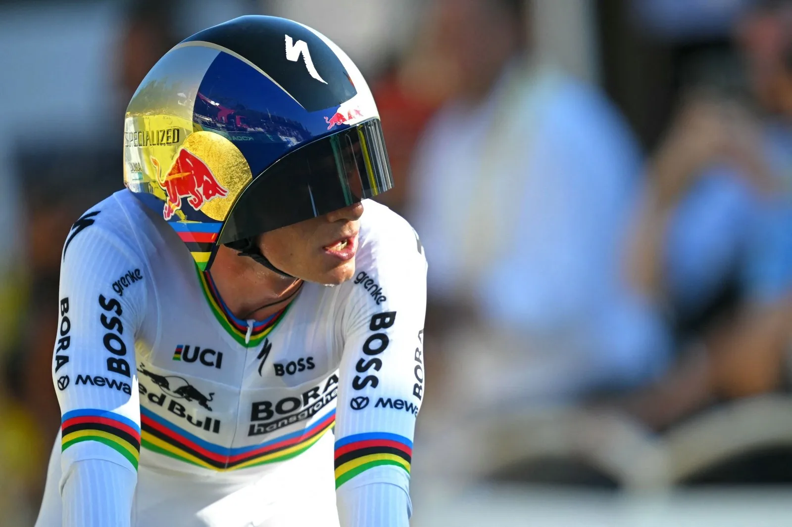 Remco Evenepoel races to the finish line of the 1st stage of the 113th edition of the Tour de France cycling race, a 19,6 km team time trial stage in and around Barcelona