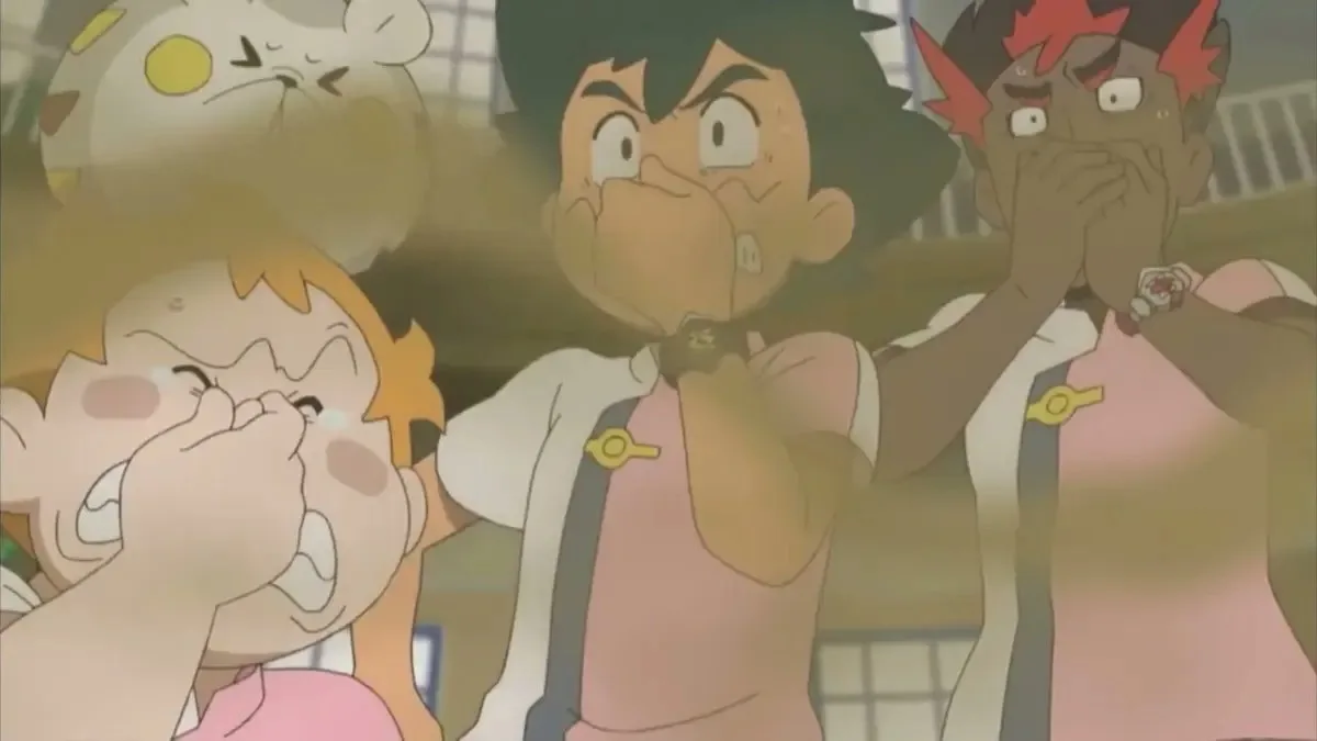 kötü bir kokudan dolayı Ash Pokemon kılıflarında burnunu tutuyor