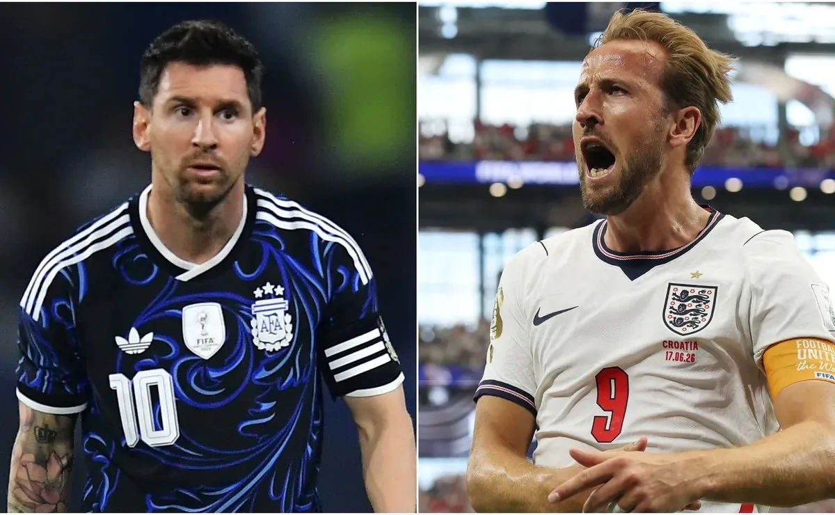 Lionel Messi (L) of Argentina and Harry Kane (R) of England.